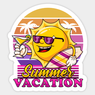 Summer vacation, the sun mascot relaxes while holding a surfboard and tequila Sticker